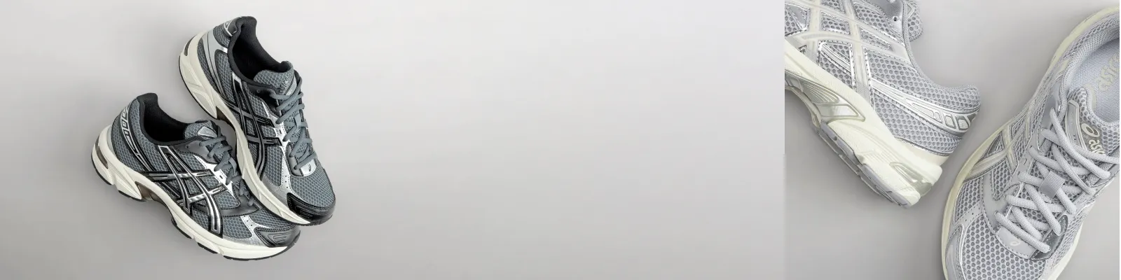 ASICS green and black sneakers on the left and white sneakers on the right