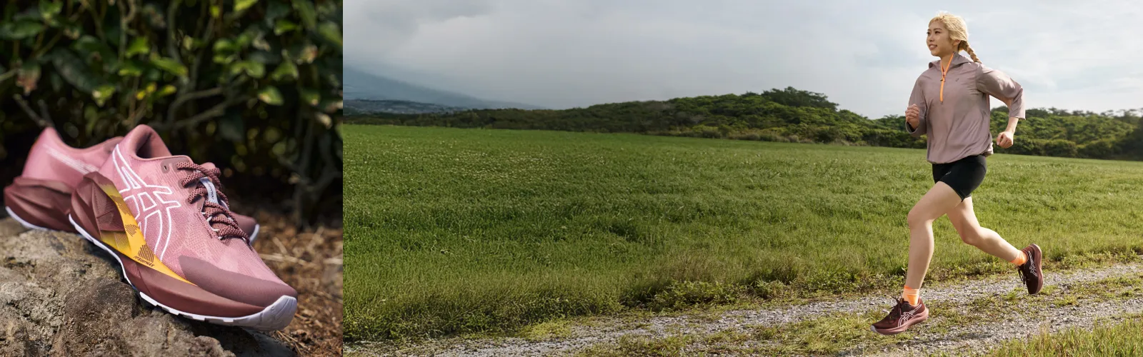 ASICS athlete running outside and pink sneakers on the left